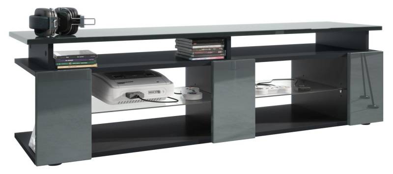 Vladon Lowboard Movie V2 (Lowboard + Tv-Aufsatz, mit insgesamt 8 Fächern), Schwarz matt/Grau Hochglanz (138,5 x 39 x 39 cm) von Vladon