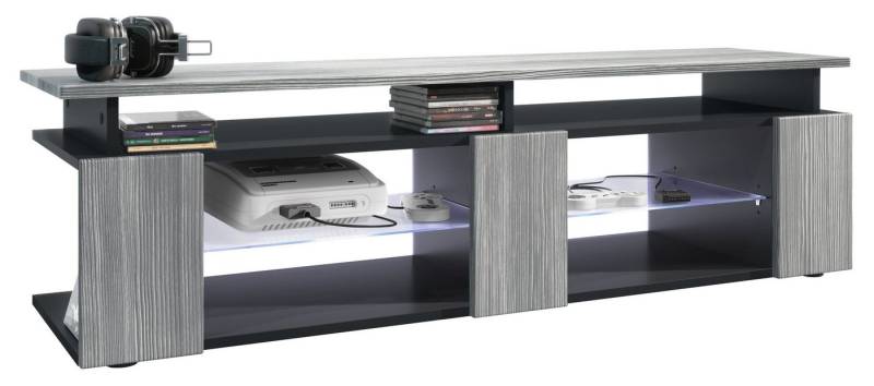 Vladon Lowboard Movie V2 (Lowboard + Tv-Aufsatz, mit insgesamt 8 Fächern inkl. LED-Beleuchtung), Schwarz matt/Avola-Anthrazit (138,5 x 39 x 39 cm) von Vladon