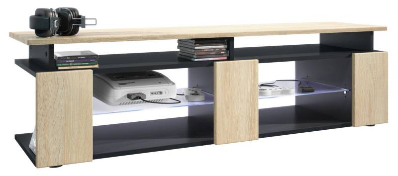 Vladon Lowboard Movie V2 (Lowboard + Tv-Aufsatz, mit insgesamt 8 Fächern inkl. LED-Beleuchtung), Schwarz matt/Eiche sägerau (138,5 x 39 x 39 cm) von Vladon
