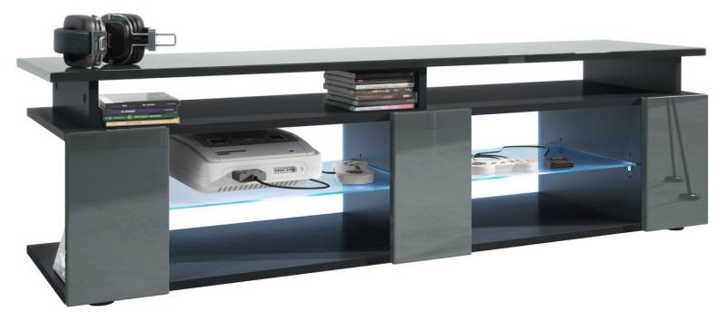 Vladon Lowboard Movie V2 (Lowboard + Tv-Aufsatz, mit insgesamt 8 Fächern inkl. LED-Beleuchtung), Schwarz matt/Grau Hochglanz (138,5 x 39 x 39 cm) von Vladon