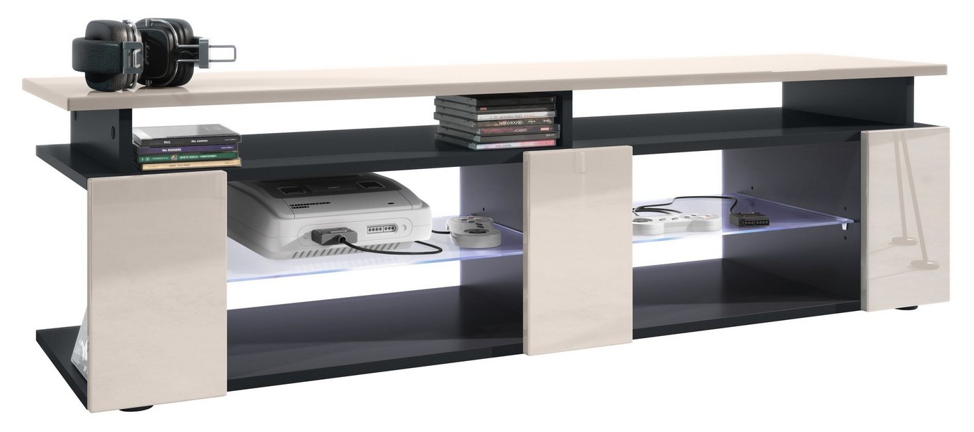 Vladon Lowboard Movie V2 (Lowboard + Tv-Aufsatz, mit insgesamt 8 Fächern inkl. LED-Beleuchtung), Schwarz matt/Sandgrau Hochglanz (138,5 x 39 x 39 cm) von Vladon