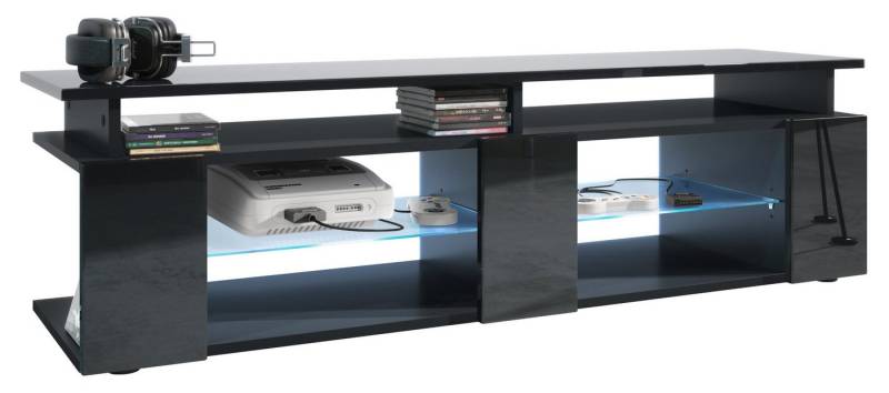 Vladon Lowboard Movie V2 (Lowboard + Tv-Aufsatz, mit insgesamt 8 Fächern inkl. LED-Beleuchtung), Schwarz matt/Schwarz Hochglanz (138,5 x 39 x 39 cm) von Vladon