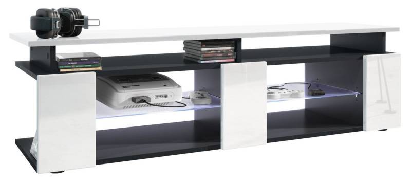 Vladon Lowboard Movie V2 (Lowboard + Tv-Aufsatz, mit insgesamt 8 Fächern inkl. LED-Beleuchtung), Schwarz matt/Weiß Hochglanz (138,5 x 39 x 39 cm) von Vladon