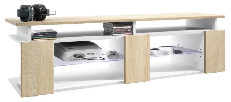 Vladon Lowboard Movie V2 (Lowboard + Tv-Aufsatz, mit insgesamt 8 Fächern inkl. LED-Beleuchtung), Weiß matt/Eiche sägerau (138,5 x 39 x 39 cm) von Vladon