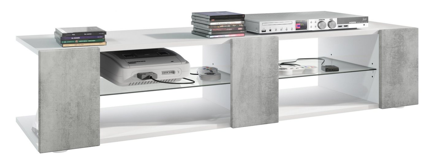 Vladon Lowboard Movie V2 (TV-Kommode, mit 6 offenen Fächern und Zierleisten), Weiß matt/Beton Oxid-Optik (134 x 29 x 39 cm) von Vladon