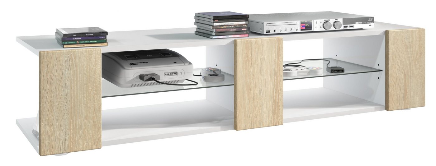 Vladon Lowboard Movie V2 (TV-Kommode, mit 6 offenen Fächern und Zierleisten), Weiß matt/Eiche sägerau (134 x 29 x 39 cm) von Vladon