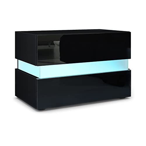 Vladon Nachttisch Flow, Made in Germany, Nachttischschrank mit Schublade Schwarz matt/Schwarz Hochglanz, inkl. LED-Beleuchtung (60 x 45 x 39 cm) von Vladon