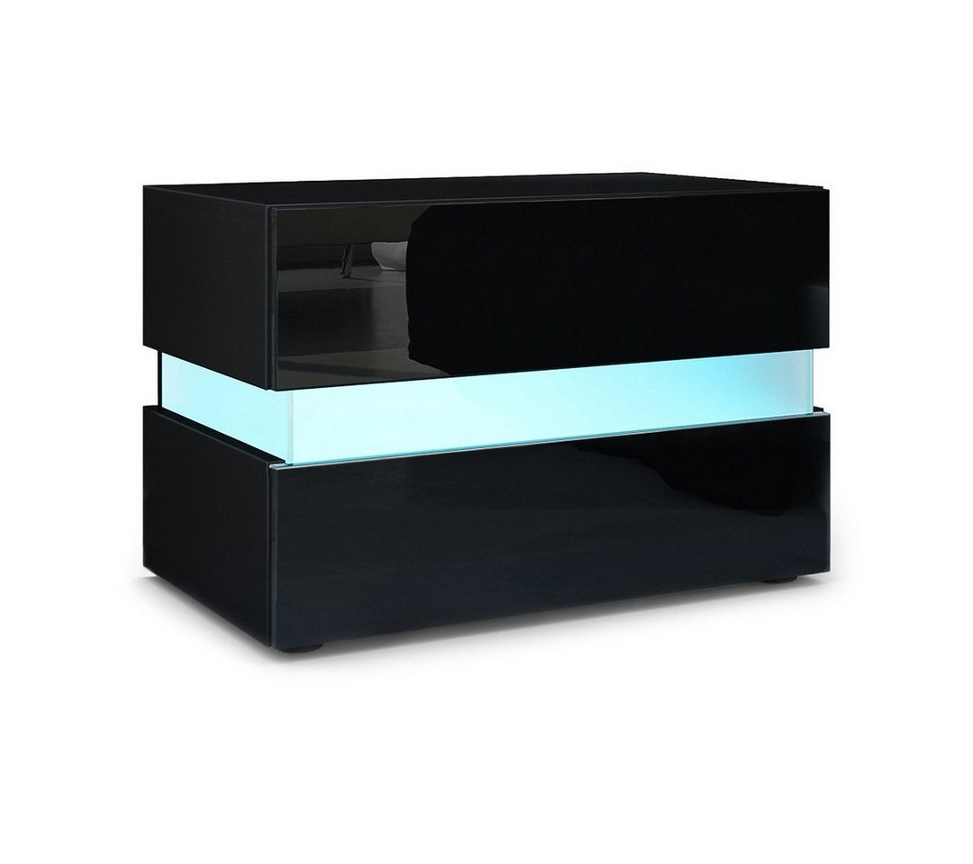 Vladon Nachttisch Flow (Nachttischschrank, mit Schublade zur Wandmontage), Schwarz matt/Schwarz Hochglanz, inkl. LED-Beleuchtung (60x45x39 cm) von Vladon
