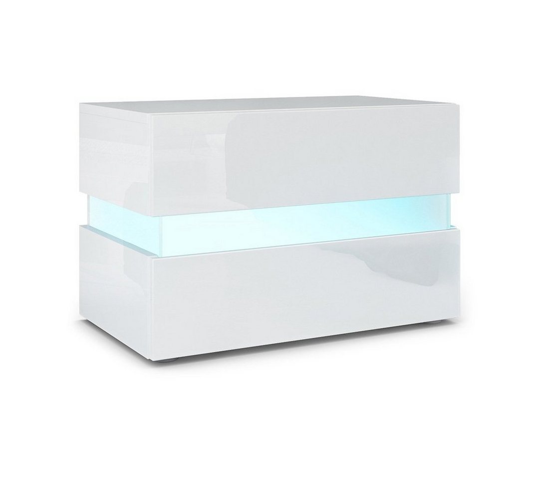 Vladon Nachttisch Flow (Nachttischschrank, mit Schublade zur Wandmontage), Weiß Hochglanz/Weiß Hochglanz, inkl. LED-Beleuchtung (60 x 45 x 39 cm) von Vladon