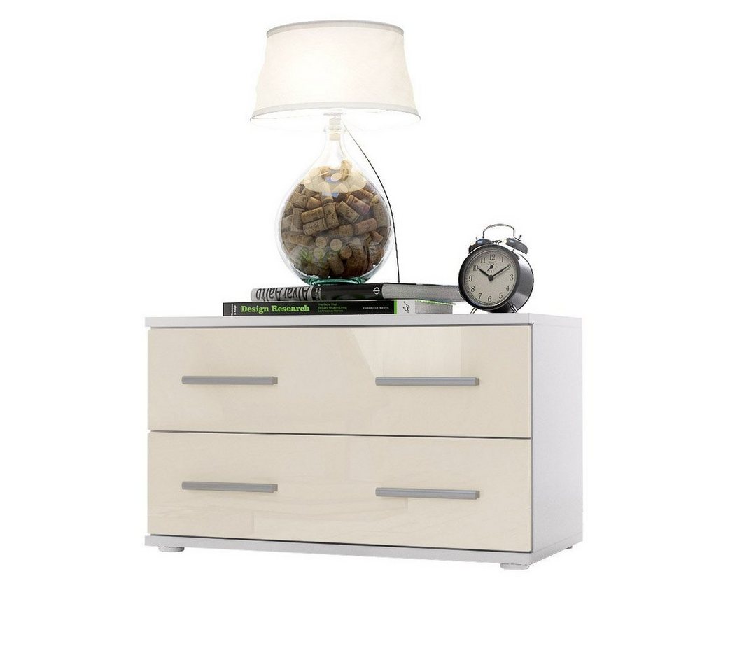 Vladon Nachttisch Kioto (Nachttischschrank, mit 2 Schubladen zur Wandmontage geeignet), Weiß matt/Creme Hochglanz (60 x 35 x 35 cm) von Vladon