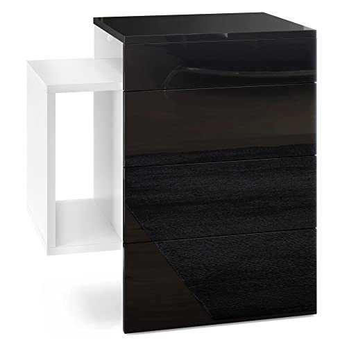 Vladon Nachttisch Queens, Made in Germany, Nachttischschrank mit 2 Schubladen und 1 seitlichem Fach zur Wandmontage, Weiß matt/Schwarz Hochglanz (60 x 63 x 36 cm) von Vladon