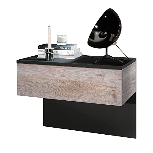 Vladon Nachttisch Sleep, Made in Germany, Nachttischschrank mit Schublade zur Wandmontage, Schwarz matt/Eiche Nordic (60 x 46 x 35 cm) von Vladon