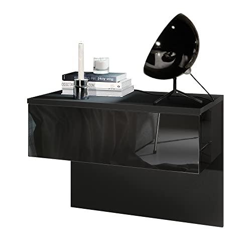 Vladon Nachttisch Sleep, Made in Germany, Nachttischschrank mit Schublade zur Wandmontage, Schwarz matt/Schwarz Hochglanz (60 x 46 x 35 cm) von Vladon