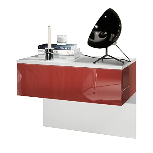 Vladon Nachttisch Sleep, Made in Germany, Nachttischschrank mit Schublade zur Wandmontage, Weiß matt/Bordeaux Hochglanz (60 x 46 x 35 cm) von Vladon
