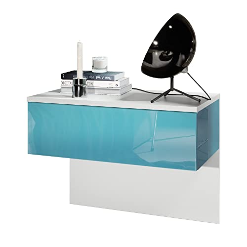 Vladon Nachttisch Sleep, Made in Germany, Nachttischschrank mit Schublade zur Wandmontage, Weiß matt/Petrol Hochglanz (60 x 46 x 35 cm) von Vladon