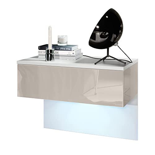 Vladon Nachttisch Sleep, Made in Germany, Nachttischschrank mit Schublade zur Wandmontage, Weiß matt/Sandgrau Hochglanz, inkl. LED-Beleuchtung (60 x 46 x 35 cm) von Vladon