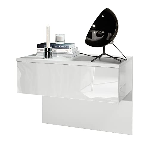 Vladon Nachttisch Sleep, Made in Germany, Nachttischschrank mit Schublade zur Wandmontage, Weiß matt/Weiß Hochglanz (60 x 46 x 35 cm) von Vladon