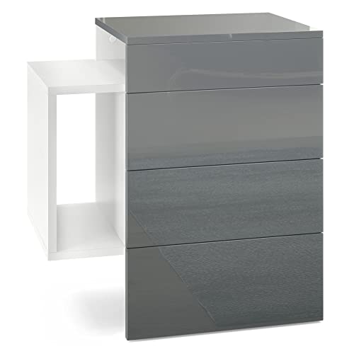 Vladon Nachttisch Queens, Made in Germany, Nachttischschrank mit 2 Schubladen und 1 seitlichem Fach zur Wandmontage, Weiß matt/Grau Hochglanz (60 x 63 x 36 cm) von Vladon