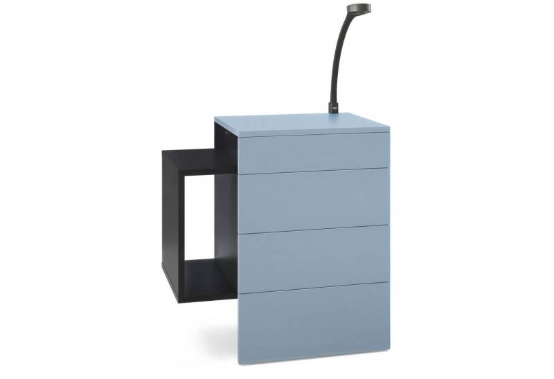 Vladon Nachttisch Queens (Nachttischschrank mit 2 Schubladen, und 1 seitlichem Fach zur Wandmontage), Schwarz matt/Denim matt inkl. LED Flexi Lampe (60 x 63 x 36 cm) von Vladon