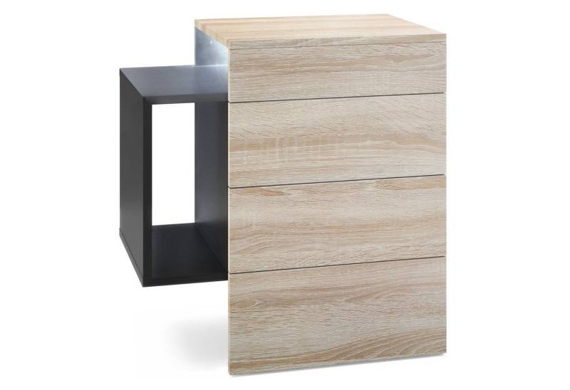 Vladon Nachttisch Queens (Nachttischschrank mit 2 Schubladen, und 1 seitlichem Fach zur Wandmontage), Schwarz matt/Eiche sägerau inkl. LED-Unterbaustrahler (60x63x36 cm) von Vladon
