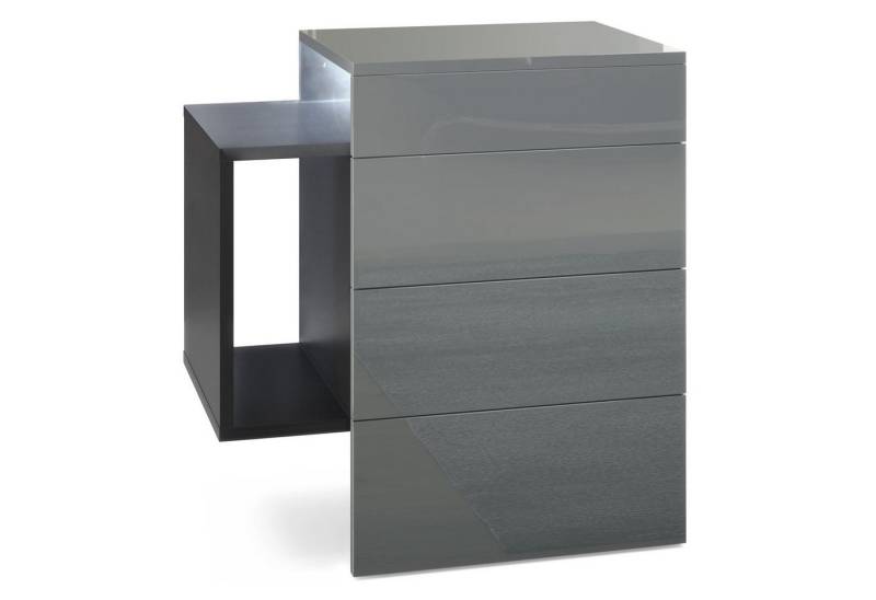 Vladon Nachttisch Queens (Nachttischschrank mit 2 Schubladen, und 1 seitlichem Fach zur Wandmontage), Schwarz matt/Grau Hochglanz inkl. LED-Unterbaustrahler (60x63x36 cm) von Vladon