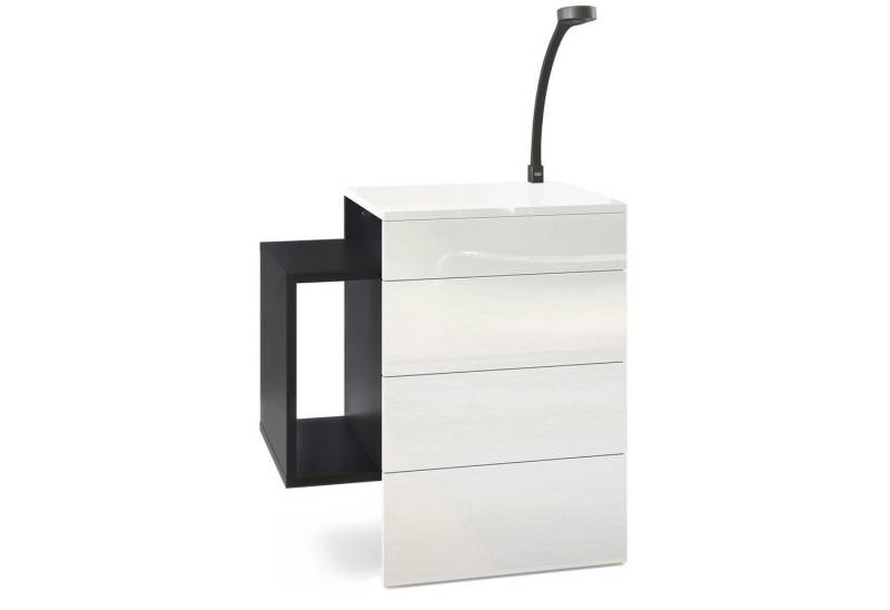 Vladon Nachttisch Queens (Nachttischschrank mit 2 Schubladen, und 1 seitlichem Fach zur Wandmontage), Schwarz matt/Weiß Hochglanz inkl. LED Flexi Lampe (60 x 63 x 36 cm) von Vladon