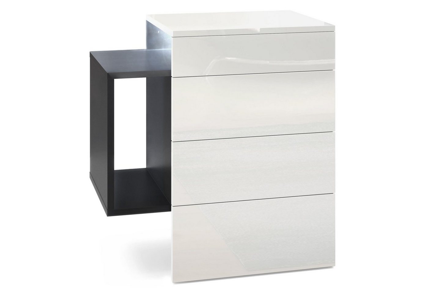 Vladon Nachttisch Queens (Nachttischschrank mit 2 Schubladen, und 1 seitlichem Fach zur Wandmontage), Schwarz matt/Weiß Hochglanz inkl. LED-Unterbaustrahler (60x63x36 cm) von Vladon
