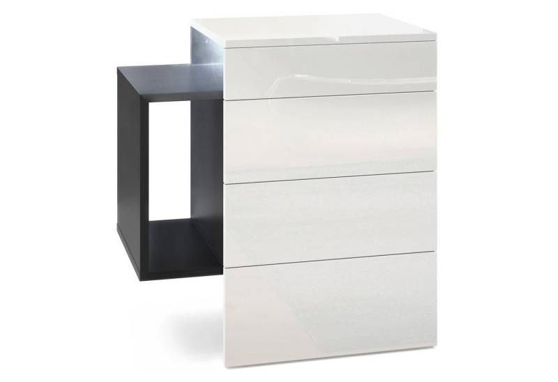 Vladon Nachttisch Queens (Nachttischschrank mit 2 Schubladen, und 1 seitlichem Fach zur Wandmontage), Schwarz matt/Weiß Hochglanz inkl. LED-Unterbaustrahler (60x63x36 cm) von Vladon