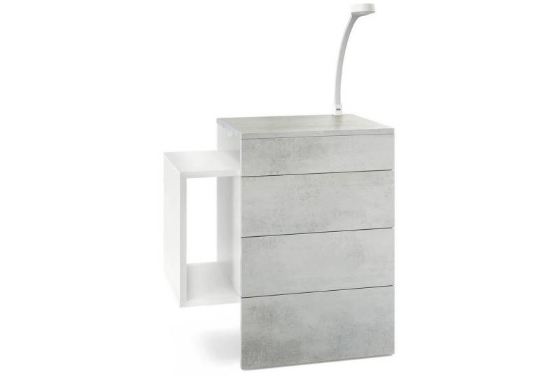 Vladon Nachttisch Queens (Nachttischschrank mit 2 Schubladen, und 1 seitlichem Fach zur Wandmontage), Weiß matt/Beton Oxid Optik inkl. LED Flexi Lampe (60 x 63 x 36 cm) von Vladon