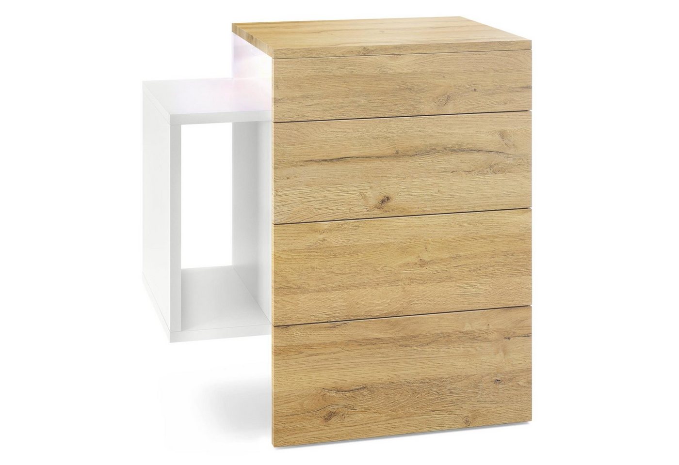 Vladon Nachttisch Queens (Nachttischschrank mit 2 Schubladen, und 1 seitlichem Fach zur Wandmontage), Weiß matt/Eiche Natur inkl. LED-Unterbaustrahler (60 x 63 x 36 cm) von Vladon