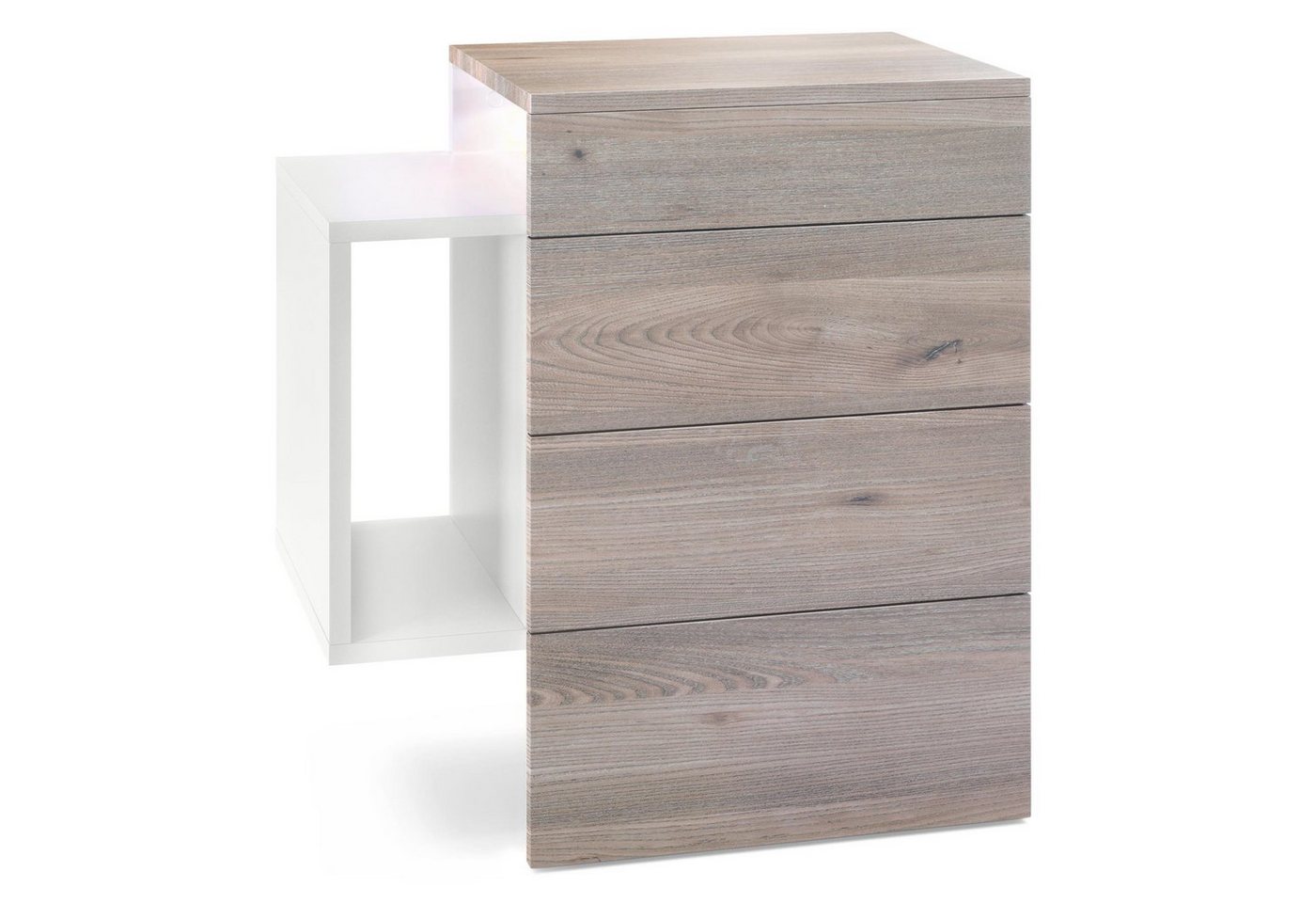 Vladon Nachttisch Queens (Nachttischschrank mit 2 Schubladen, und 1 seitlichem Fach zur Wandmontage), Weiß matt/Eiche Nordic inkl. LED-Unterbaustrahler (60 x 63 x 36 cm) von Vladon
