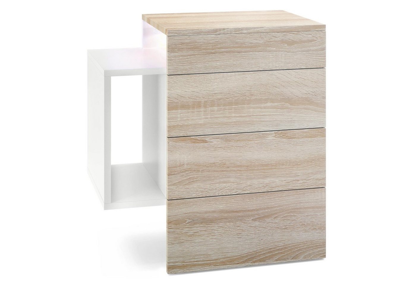 Vladon Nachttisch Queens (Nachttischschrank mit 2 Schubladen, und 1 seitlichem Fach zur Wandmontage), Weiß matt/Eiche sägerau inkl. LED-Unterbaustrahler (60 x 63 x 36 cm) von Vladon
