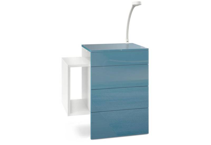 Vladon Nachttisch Queens (Nachttischschrank mit 2 Schubladen, und 1 seitlichem Fach zur Wandmontage), Weiß matt/Petrol Hochglanz inkl. LED Flexi Lampe (60 x 63 x 36 cm) von Vladon