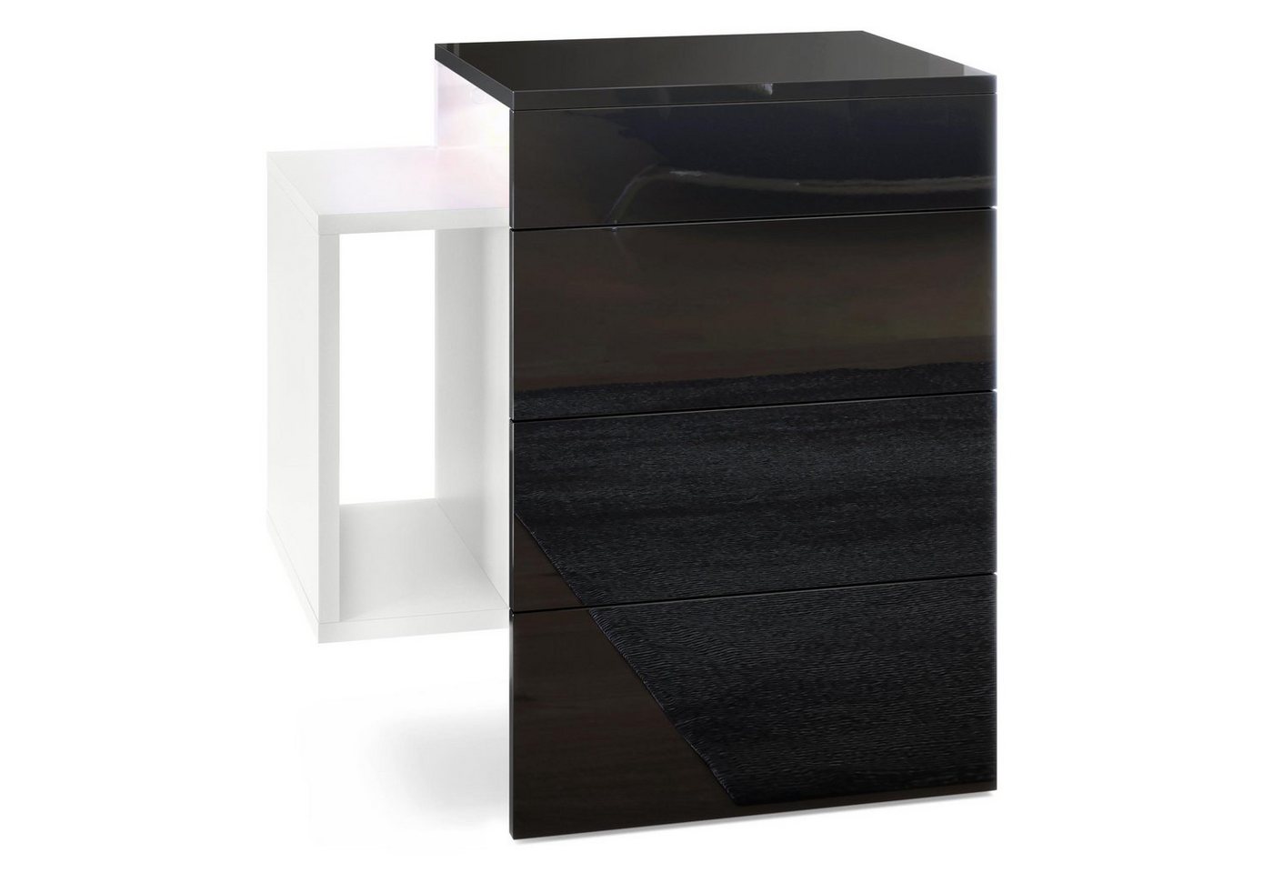 Vladon Nachttisch Queens (Nachttischschrank mit 2 Schubladen, und 1 seitlichem Fach zur Wandmontage), Weiß matt/Schwarz Hochglanz inkl. LED-Unterbaustrahler (60x63x36 cm) von Vladon