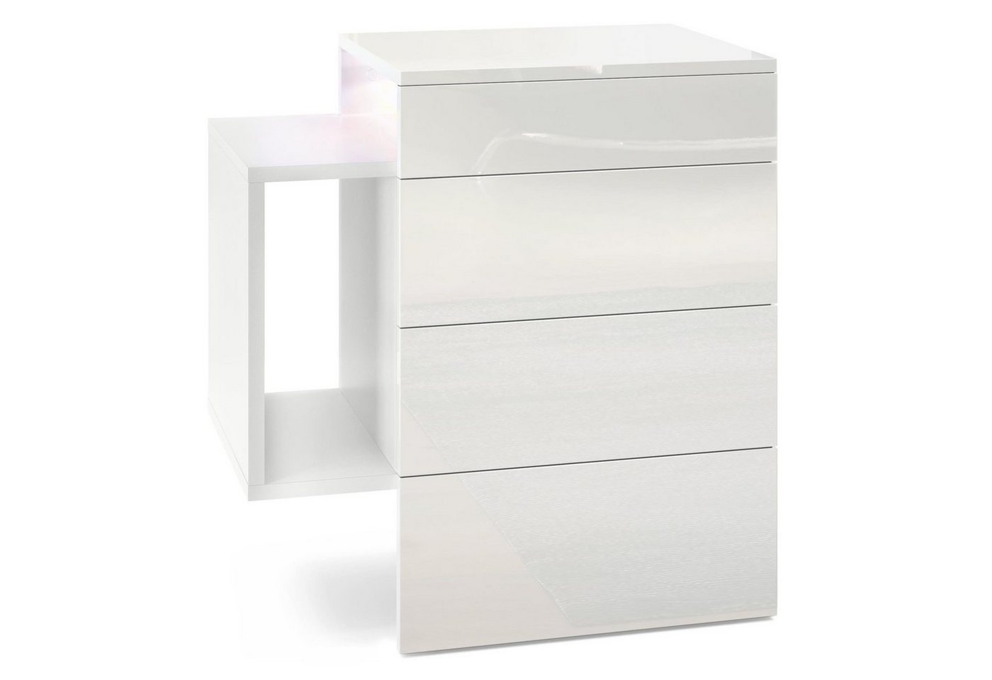 Vladon Nachttisch Queens (Nachttischschrank mit 2 Schubladen, und 1 seitlichem Fach zur Wandmontage), Weiß matt/Weiß Hochglanz inkl. LED-Unterbaustrahler (60 x 63 x 36 cm) von Vladon