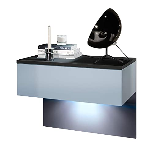 Vladon Nachttisch Sleep, Made in Germany, Nachttischschrank mit Schublade zur Wandmontage, Schwarz matt/Denim matt, inkl. LED-Beleuchtung (60 x 46 x 35 cm) von Vladon