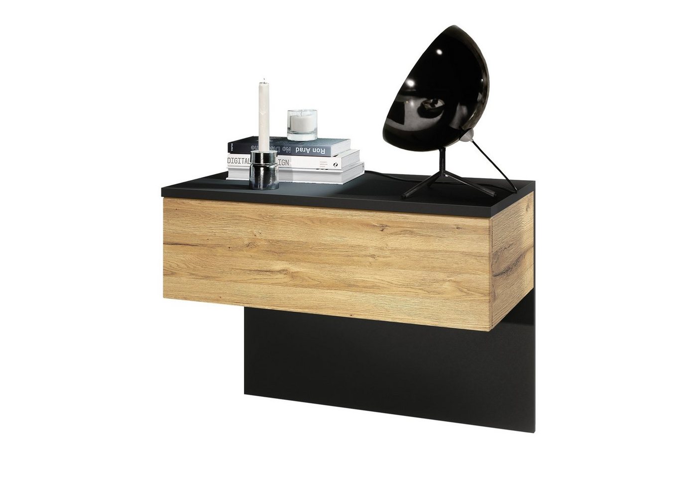 Vladon Nachttisch Sleep (Nachttischschrank, mit Schublade zur Wandmontage), Schwarz matt/Eiche Natur (60 x 46 x 35 cm) von Vladon