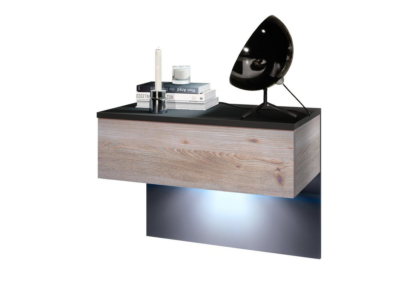 Vladon Nachttisch Sleep (Nachttischschrank, mit Schublade zur Wandmontage), Schwarz matt/Eiche Nordic, inkl. LED-Beleuchtung (60 x 46 x 35 cm) von Vladon
