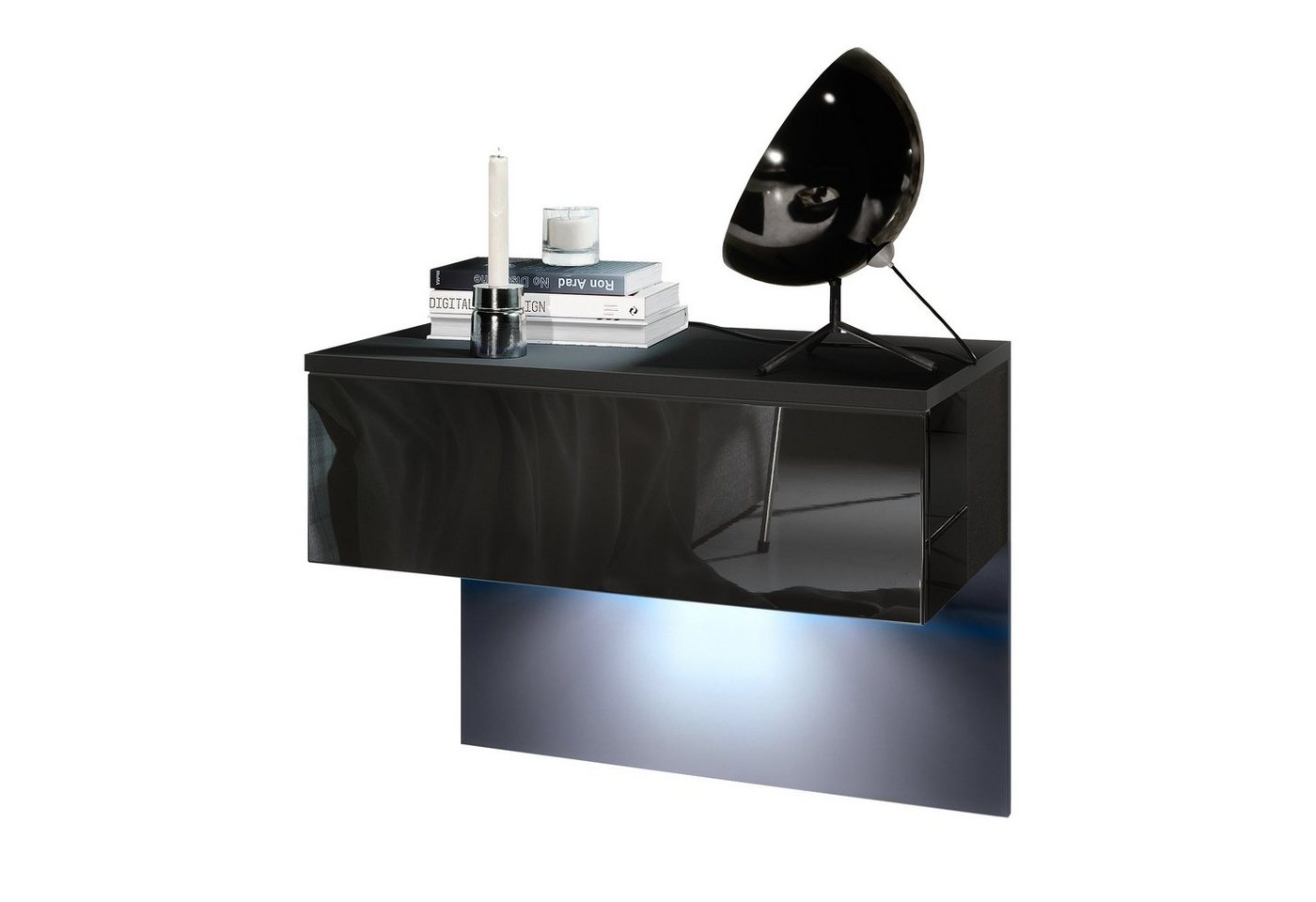 Vladon Nachttisch Sleep (Nachttischschrank, mit Schublade zur Wandmontage), Schwarz matt/Schwarz Hochglanz, inkl. LED-Beleuchtung (60x46x35 cm) von Vladon