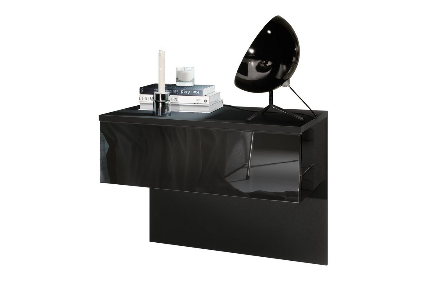 Vladon Nachttisch Sleep (Nachttischschrank, mit Schublade zur Wandmontage), Schwarz matt/Schwarz Hochglanz (60 x 46 x 35 cm) von Vladon