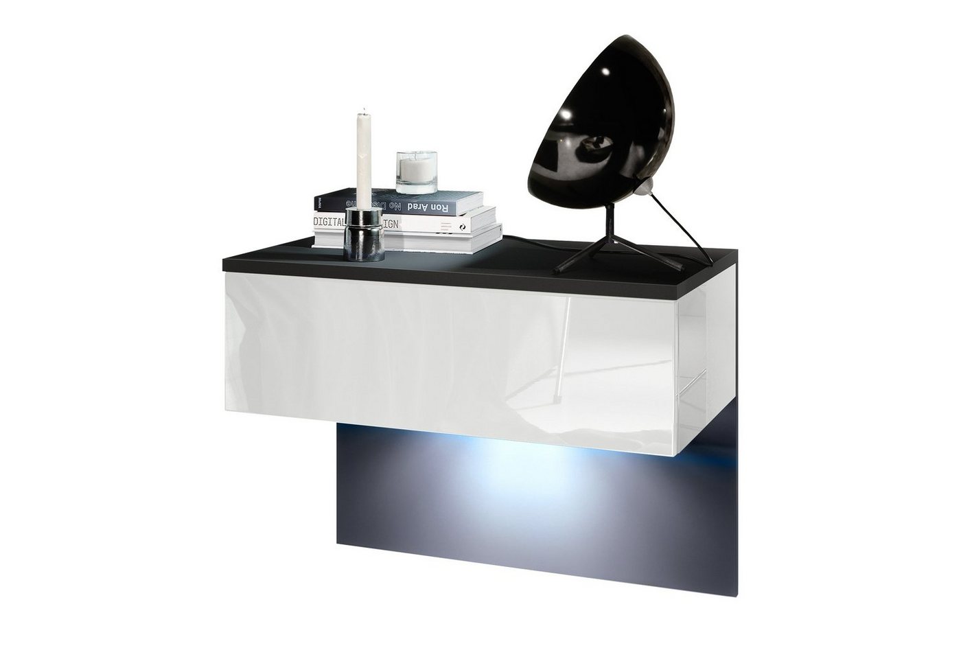 Vladon Nachttisch Sleep (Nachttischschrank, mit Schublade zur Wandmontage), Schwarz matt/Weiß Hochglanz, inkl. LED-Beleuchtung (60 x 46 x 35 cm) von Vladon