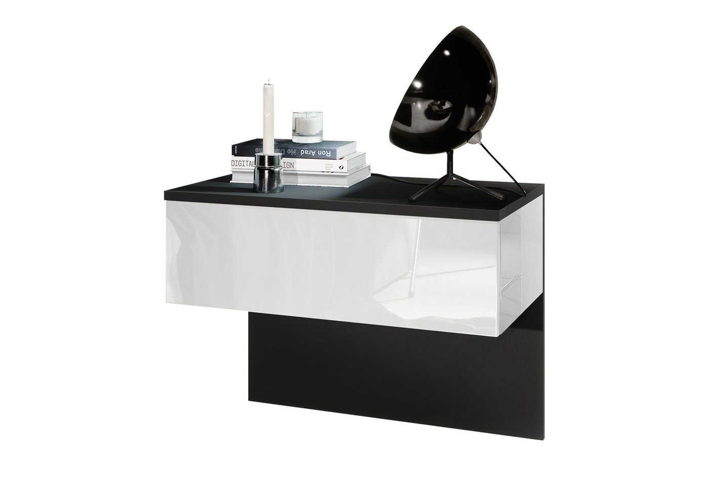 Vladon Nachttisch Sleep (Nachttischschrank, mit Schublade zur Wandmontage), Schwarz matt/Weiß Hochglanz (60 x 46 x 35 cm) von Vladon