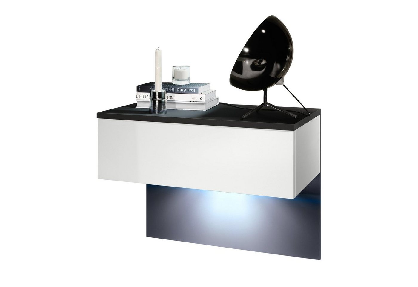 Vladon Nachttisch Sleep (Nachttischschrank, mit Schublade zur Wandmontage), Schwarz matt/Weiß matt, inkl. LED-Beleuchtung (60 x 46 x 35 cm) von Vladon