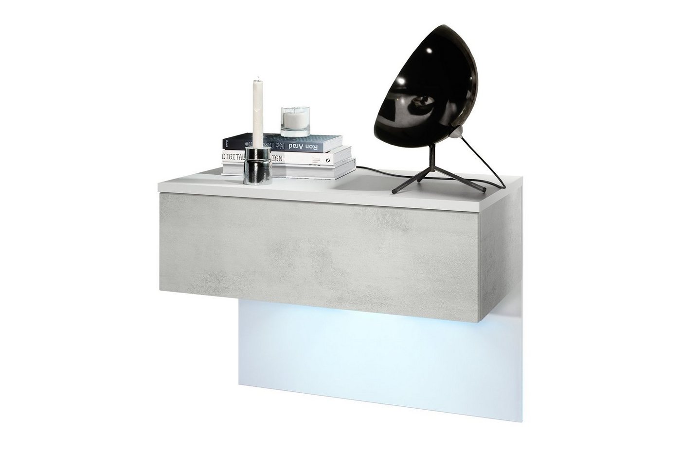 Vladon Nachttisch Sleep (Nachttischschrank, mit Schublade zur Wandmontage), Weiß matt/Beton Oxid Optik, inkl. LED-Beleuchtung (60 x 46 x 35 cm) von Vladon