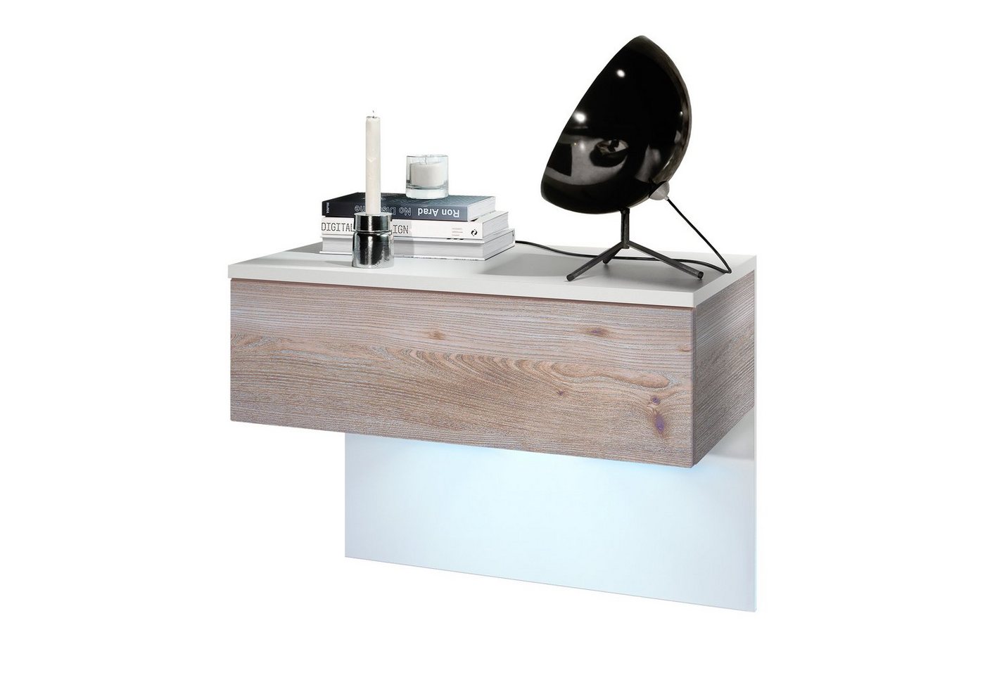 Vladon Nachttisch Sleep (Nachttischschrank, mit Schublade zur Wandmontage), Weiß matt/Eiche Nordic, inkl. LED-Beleuchtung (60 x 46 x 35 cm) von Vladon