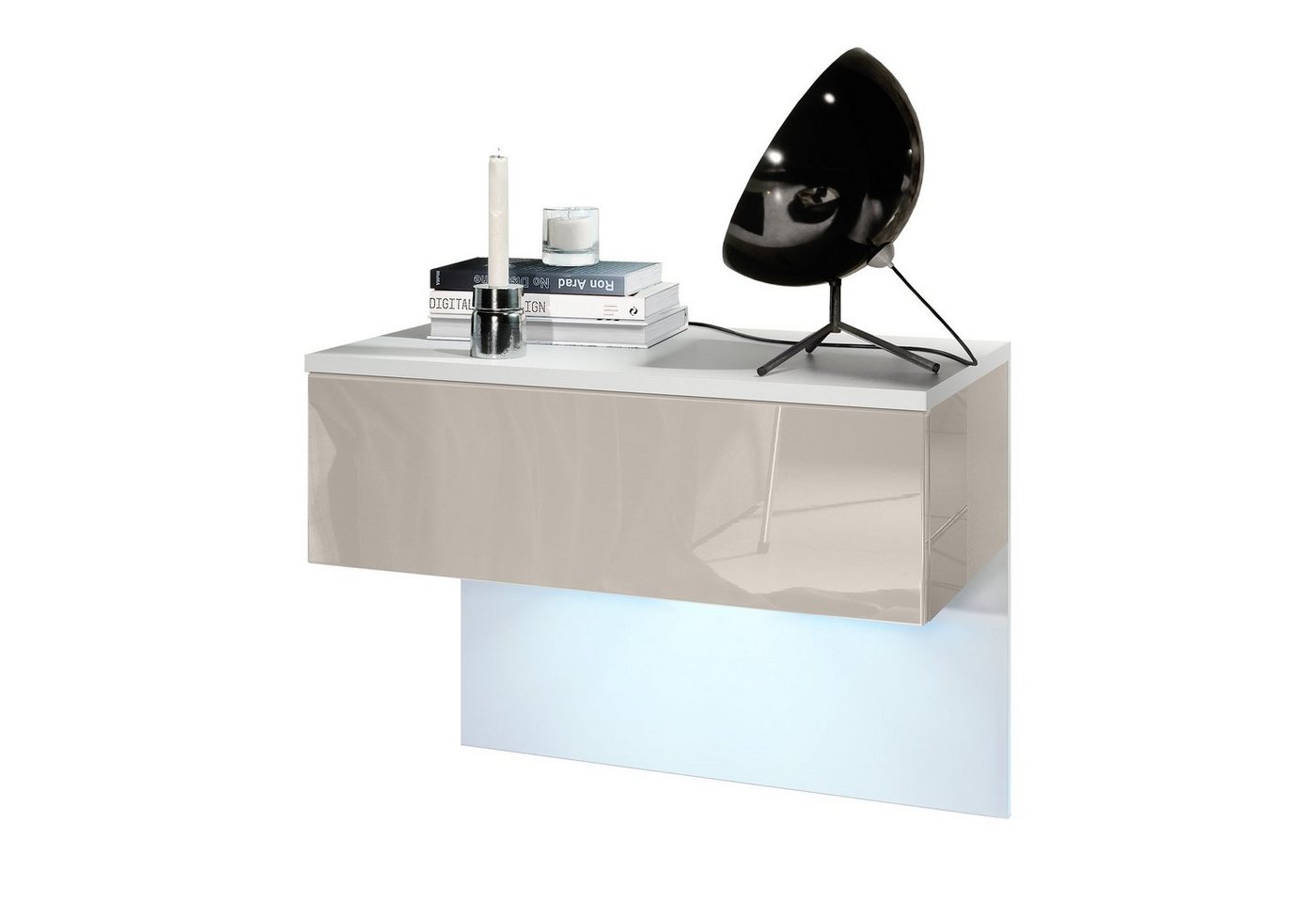 Vladon Nachttisch Sleep (Nachttischschrank, mit Schublade zur Wandmontage), Weiß matt/Sandgrau Hochglanz, inkl. LED-Beleuchtung (60 x 46 x 35 cm) von Vladon