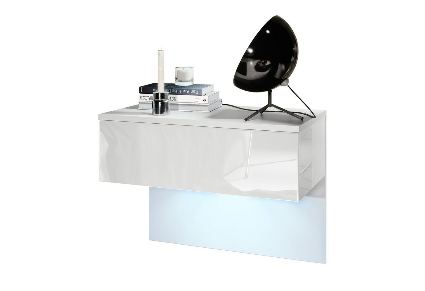 Vladon Nachttisch Sleep (Nachttischschrank, mit Schublade zur Wandmontage), Weiß matt/Weiß Hochglanz, inkl. LED-Beleuchtung (60 x 46 x 35 cm) von Vladon