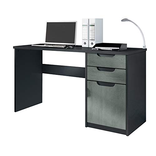 Vladon Schreibtisch Logan, Made in Germany, Bürotisch mit 2 Schubladen und 1 Tür, Schwarz matt/Beton Dunkel Optik (129 x 76 x 60 cm) von Vladon