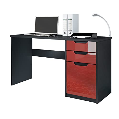 Vladon Schreibtisch Logan, Made in Germany, Bürotisch mit 2 Schubladen und 1 Tür, Schwarz matt/Bordeaux Hochglanz (129 x 76 x 60 cm) von Vladon