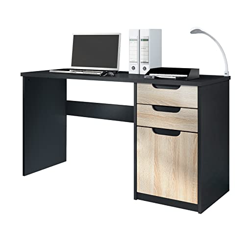 Vladon Schreibtisch Logan, Made in Germany, Bürotisch mit 2 Schubladen und 1 Tür, Schwarz matt/Eiche Sägegrau (129 x 76 x 60 cm) von Vladon